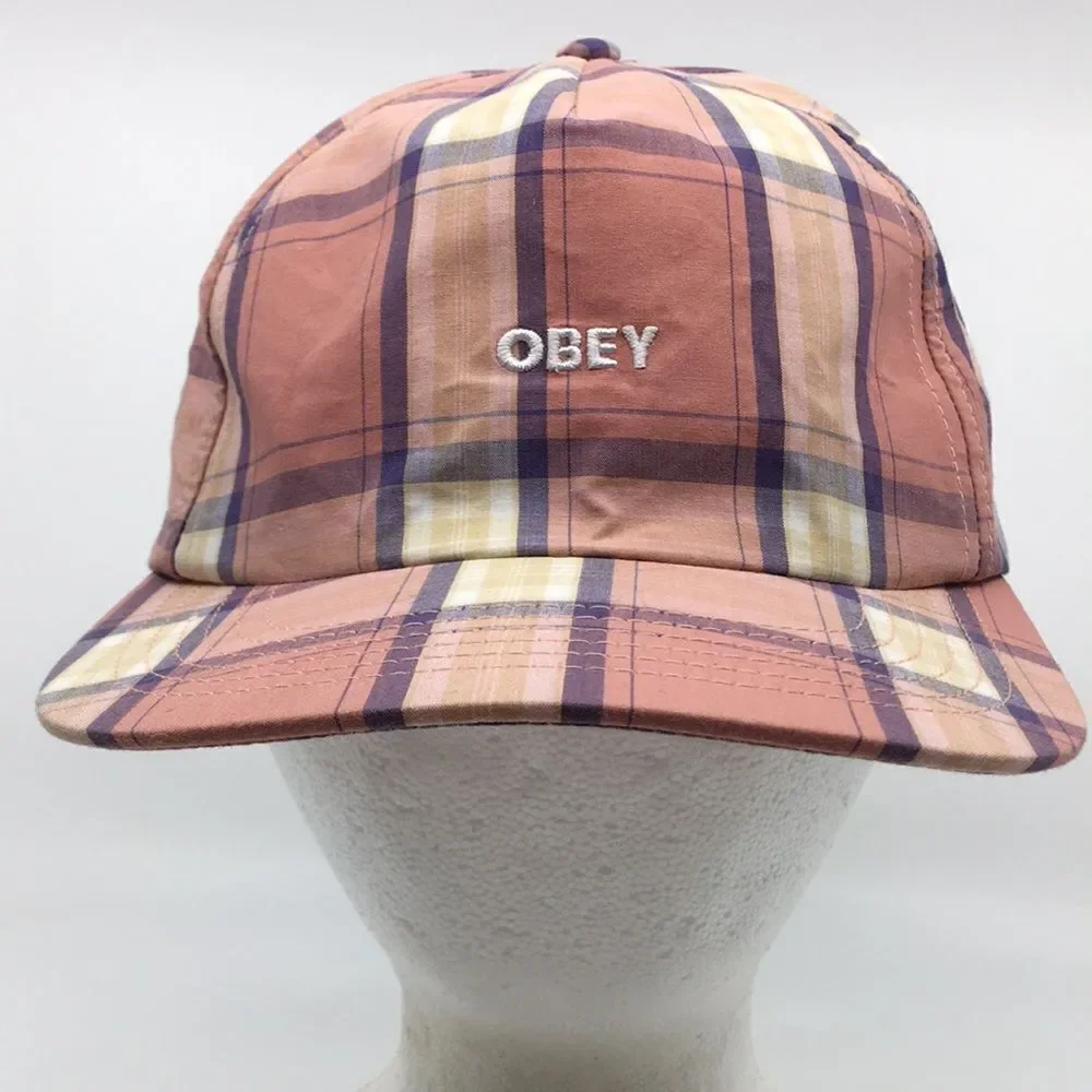 Obey Madras Salmon Pink Plaid Cotton Lightweight Baseball Hat Cap